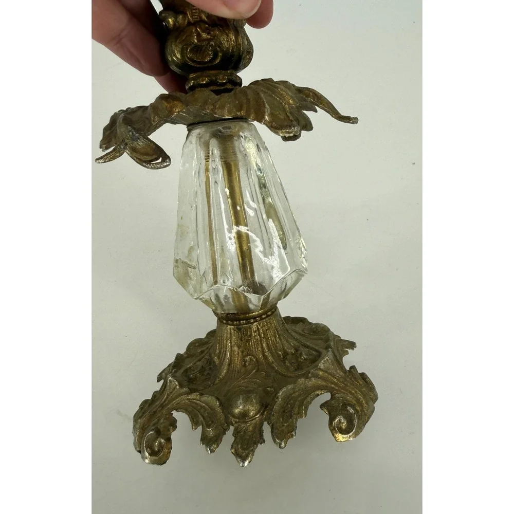 vtg Hollywood Regency Style Cherub Face Candle Holder Gold Gilt Metal Glass 1973